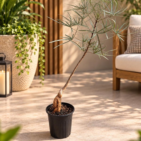 Brachychiton rupestris with tab roots exposed / Queenisland bottle tree/ Mediterranean hardscape/