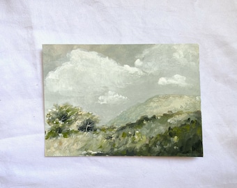 Original Landscape Painting Hillside Gouache and Watercolor