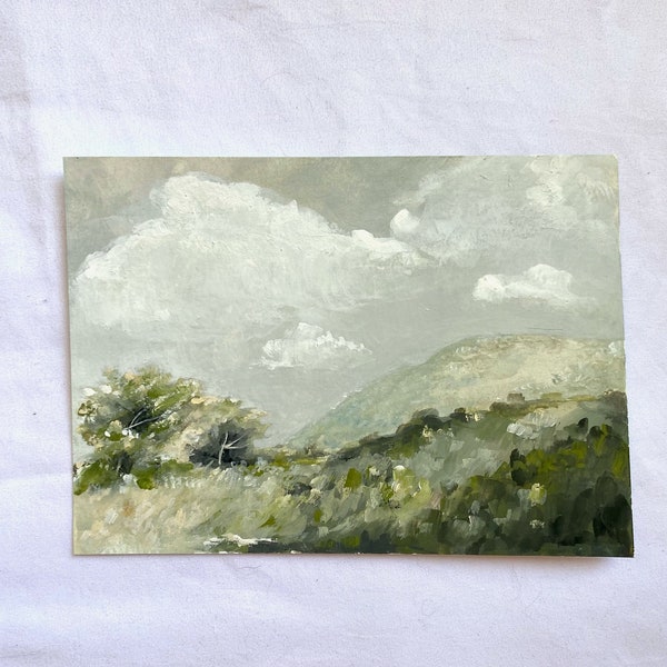 Original Landscape Painting Hillside Gouache and Watercolor