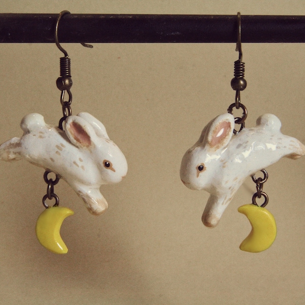 Rabbit Jumping Over Moon Handmade Earrings