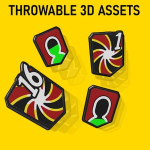 May include: Four playing card designs with the text "THROWABLE 3D ASSETS" on a yellow background. The cards feature a red border, black and yellow designs, and white numbers or figures. One card has the number 16.