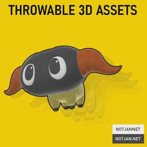 May include: A digital illustration of a small, cartoon-style creature with a black head, large white eyes, and curved brown horns. The body is light olive green with four short legs. The text THROWABLE 3D ASSETS appears at the top, with NOTJAN.NET below.