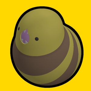 Puede incluir: Una abeja de dibujos animados con un contorno negro, rayas amarillas y marrones y una boca abierta morada. La abeja tiene un ojo negro.