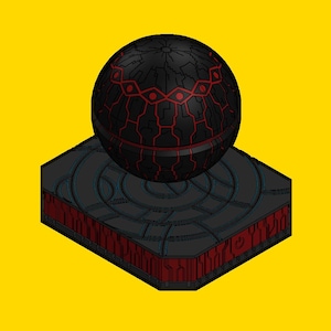 Puede incluir: Una esfera negra con detalles rojos se asienta sobre una plataforma negra con intrincados patrones azules y rojos. La esfera tiene una superficie texturizada y un diseño circular.