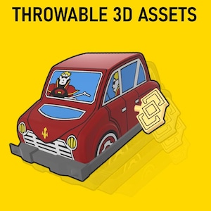 Op de afbeelding: Een rode cartoonauto met een bestuurder en passagier, tegen een gele achtergrond. De auto heeft een grijze bumper en een goudkleurig sleutelvormig object ernaast. De tekst "THROWABLE 3D ASSETS" staat bovenaan.