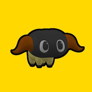 May include: A cartoon illustration of a black and brown sheep with large white eyes. The sheep has a brown nose and a small mouth.