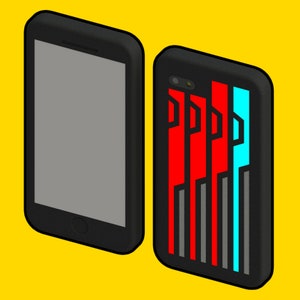 Può includere: Due custodie per smartphone nere. Una custodia ha uno schermo vuoto e l'altra ha un design geometrico colorato con strisce rosse, blu e grigie.