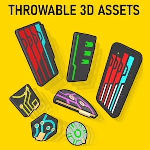 May include: A collection of stylized 3D assets in various shapes and colors, including rectangles, hexagons, and a circular design. The assets feature red, green, purple, and teal accents on a black or gray background. The text "THROWABLE 3D ASSETS" is at the top.