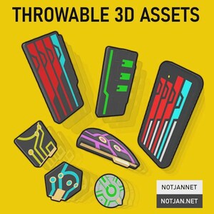 May include: A collection of seven digital graphic icons labeled THROWABLE 3D ASSETS, featuring various geometric shapes with circuit board patterns in red, cyan, green, yellow, and purple on a yellow background, including the text NOTJANNET NOTJAN.NET.