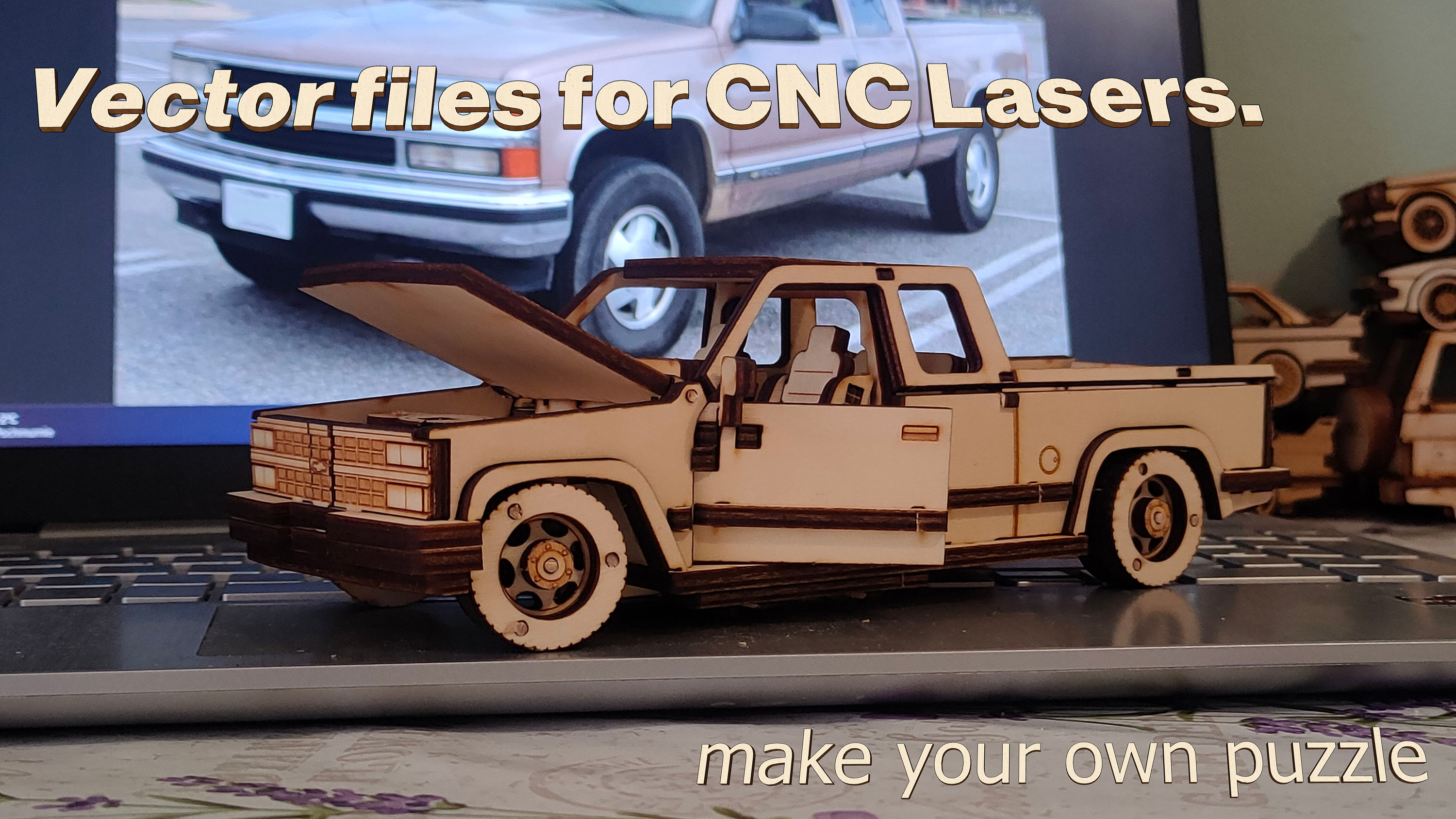 Set of VECTOR FILES for make pickup inspired by a Chevy Silverado '90s, Layout files for lasercut machine. material wood 4mm