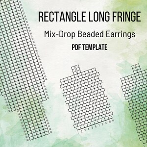 Puede incluir: Una plantilla PDF imprimible en blanco y negro para crear pendientes de flecos largos rectangulares con cuentas. La plantilla incluye una cuadrícula con filas y columnas numeradas.