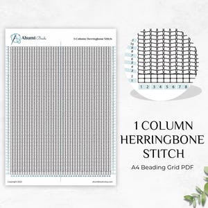 May include: A white A4 beading grid PDF with a 1-column herringbone stitch pattern. The grid is gray with numbered rows and columns. A smaller diagram shows the stitch pattern. The text reads "1 COLUMN HERRINGBONE STITCH".