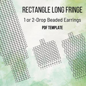 Puede incluir: Una plantilla PDF imprimible en blanco y negro para pendientes de cuentas. La plantilla muestra un rectángulo con un diseño de flecos largos. La plantilla está etiquetada como "Rectangle Long Fringe 1 or 2-Drop Beaded Earrings PDF Template".