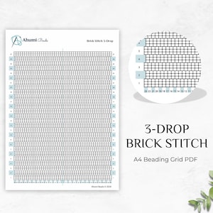 May include: A printable A4 beading grid PDF for creating 3-drop brick stitch beading projects. The grid is black and white with blue numbers and a visual guide to the stitch.
