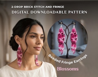 Blossom Beaded Fringe Earrings Pattern, 2-Drop Brick Stitch PDF (Digital Download)