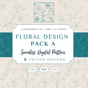 Puede incluir: Pack de diseño floral A, un conjunto de imágenes prediseñadas digitales con patrones sin costuras. El diseño presenta un fondo beige claro con contornos florales turquesa y un cuadrado floral turquesa. El texto dice "Commercial Use Clipart", "Floral Design Pack A" y "Seamless Digital Pattern".