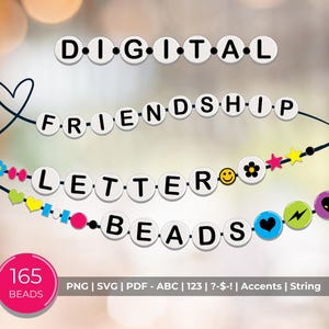Cuentas de letras digitales para pulseras de la amistad / 165 cuentas en formato PNG, SVG y PDF / Alfabeto, números y cuentas decorativas / Estrellas, corazones, extraterrestres y emoticonos