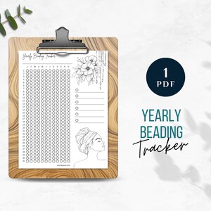 May include: Printable yearly beading tracker with a floral design and a woman's face. The tracker has a grid of circles for each day of the year and a section for notes.