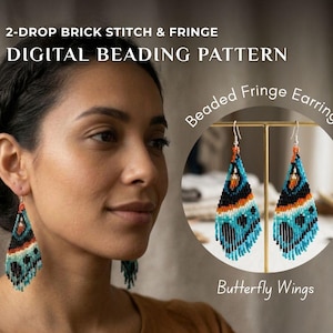 May include: A woman wearing beaded fringe earrings with a butterfly wing design. The earrings are turquoise, black, and orange. The image also includes text that reads "2-DROP BRICK STITCH & FRINGE DIGITAL BEADING PATTERN" and "Beaded Fringe Earrings Butterfly Wings."