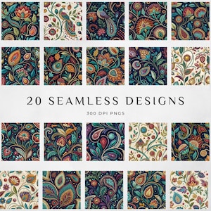 Pode incluir: Uma grade de 20 designs sem costura com intrincados padrões florais e paisley em várias cores. Os designs incluem imagens de pássaros e outros elementos. O texto diz "20 SEAMLESS DESIGNS" e "300 DPI PNGS".