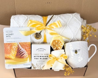 Cozy Spa Gift Box: Waffle Blanket, Honey Tea, Mug, Candle for Relaxation