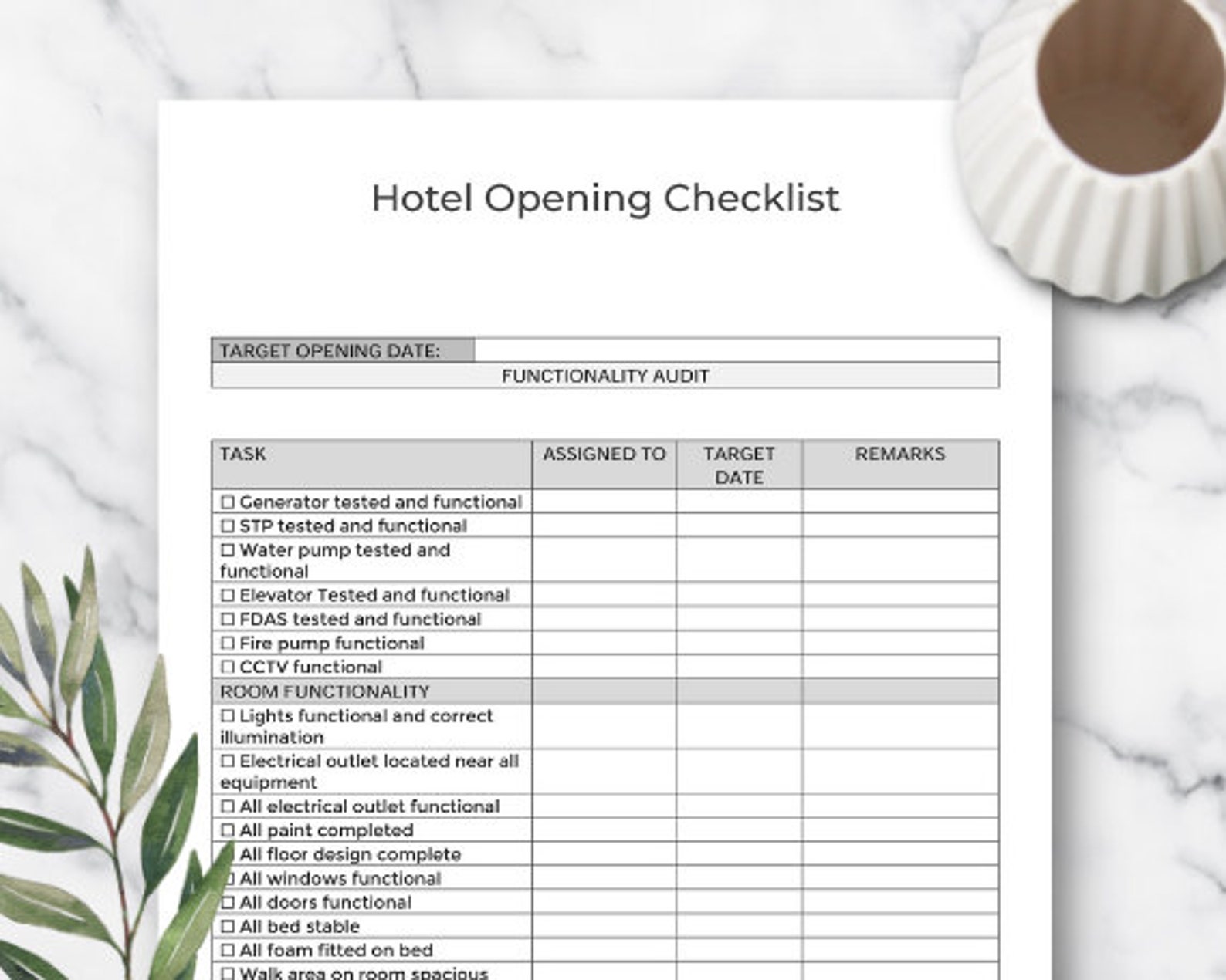 Hotel Preopening Checklist Printable Hotel Opening Etsy