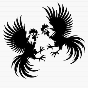 May include: A black and white illustration of two roosters facing each other, wings spread. The roosters have detailed feathers and sharp beaks, suggesting a fighting stance. The background is a simple white with subtle horizontal lines.
