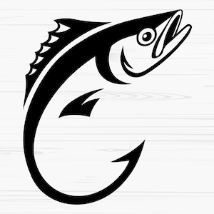 May include: A black and white graphic of a fish jumping, with a hook incorporated into the design. The fish is stylized with a curved body, fins, and an open mouth. The image is set against a white background with a wood grain texture.