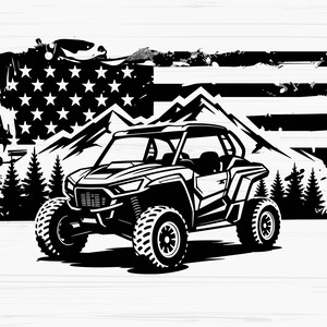 May include: A black and white graphic illustration featuring an off-road utility vehicle positioned in front of a stylized American flag. The background includes silhouettes of mountain peaks and pine trees, creating a rugged outdoor scene.