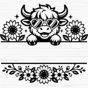 May include: A black and white graphic design featuring a Highland cow wearing heart-shaped sunglasses, positioned above a horizontal line. The cow is flanked by sunflowers, with a decorative floral arrangement of sunflowers and leaves below the line.