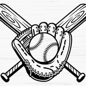 Könnte beinhalten: Schwarz-Weiß-Illustration von Baseball-Ausrüstung. Ein Baseball liegt in einem Handschuh, mit zwei gekreuzten Schlägern dahinter. Die Schläger haben Holzmaserungsdetails und der Handschuh hat Nähte.