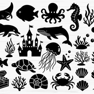 May include: A collection of black silhouette illustrations of various sea creatures and underwater elements. Includes a stingray, fish, octopus, seahorse, dolphin, whale, castle, jellyfish, starfish, crab, and seashells.