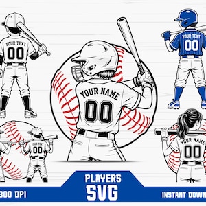 Könnte beinhalten: Eine Sammlung von Baseball-Themen-SVG-Grafiken. Die Designs zeigen Spieler in verschiedenen Posen, die Schläger halten, mit Basebällen im Hintergrund. Jedes Trikot des Spielers enthält Platz für individuellen Text und die Nummer "00". Die Farbgebung ist hauptsächlich Schwarz, Weiß und Blau.