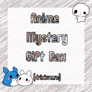 May include: Anime Mystery Gift Box with the text "drinkware" in a white square with a white background and cartoon characters on the bottom.