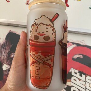 Fall Latte Horror Tumbler, Halloween Glass Cup, Movie Character Horror Tumbler - Soda Can Bamboo Lid Clear 16oz