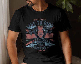 Vintage British Motorcycle Club T-Shirt, London Biker Graphic Tee, Retro High Speed Live To Ride, Est. 1968 Casual Wear