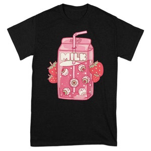 Cute Strawberry Milk Carton T-shirt, Unique Eyeball Design, Fun Graphic Tee, Trendy Summer Shirt, Aesthetic Art Print Top, Youthful Style