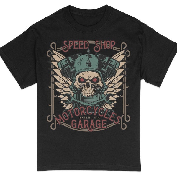 t-shirt vintage moto tête de mort, t-shirt graphique motard pour homme, chemise Speed Shop garage, vêtements inspirés de Brooklyn NYC, cadeau pour cycliste urbain