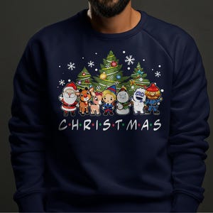 Cute Christmas Sweatshirt with Holiday Characters Santa Rudolph Elf Abominable Snowman Perfect Gift