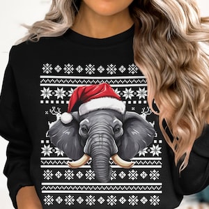 Elephant Christmas Sweatshirt, Santa Hat Elephant Holiday Sweater, Xmas Elephant Cozy Winter Top, Festive Elephant Sweatshirt