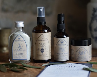 Natural Skincare Kit | Slow Beauty Starter Set | Cleansing Grains, Hydrosol, Face Serum, Cream | Artisanal, Eco-Friendly, Provence Skincare
