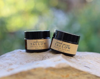 Organic Tallow Balm Sampling Set 2-pack: Mediterranea & Lavande Sauvage Herbal Tallow Face Salve with Local Organic Olive Oil Sample Kit