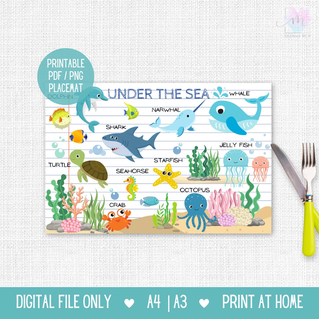 Sea Animals Printable Placemat Kids Educational Placemat - Etsy
