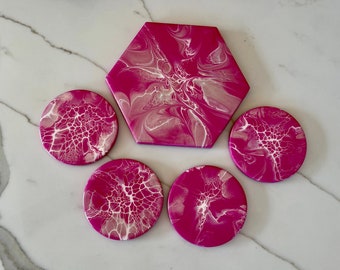 Pink hand painted ceramic coasters and trivet