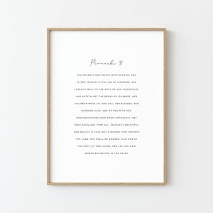 May include: A black and white printable wall art print with the text "Proverbs 31" and a passage from the Bible about a virtuous woman.