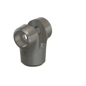 May include: A gray, 3D-rendered mechanical part with a cylindrical base and two intersecting, rounded arms. One arm features a circular opening, while the other has a threaded interior. The part appears to be made of metal.