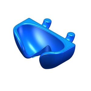 May include: A vibrant blue, curved plastic component with two cylindrical protrusions. The object has a smooth, glossy finish and a hollow interior. The design suggests a functional, possibly ergonomic, shape.