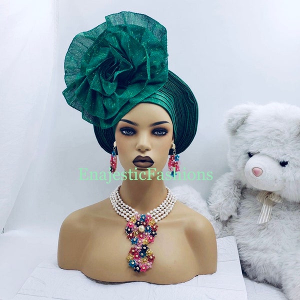 Aso Oke Pre-Tied Gele | African Auto Gele Headtie | Ready-Made Gele Headtie For all accasions. Add Male hat for 20 dollars and ikpele for 20