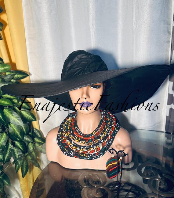 Black Ankara 22”-25”Factory second, Oversized REVERSIBLE sun hat/Giant size  summer hat/large Floppy hat Wide Brim/For all