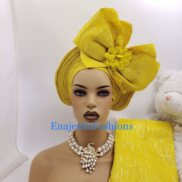 Aso Oke Pre-Tied Gele | African Auto Gele Headtie | Ready-Made Gele Headtie For all accasions. Add Male hat for 20 dollars and ikpele for 20